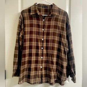 SHEIN Women’s Plaid Button Up Shirt brown tones.